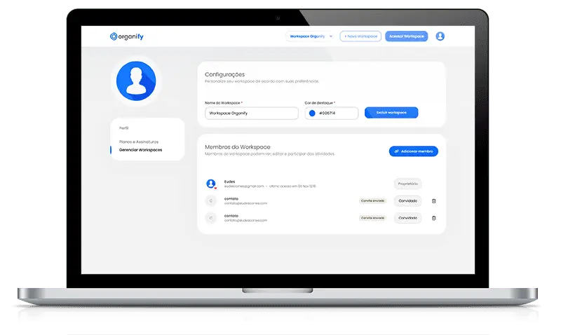 Configurações e membros do Organify em um notebook